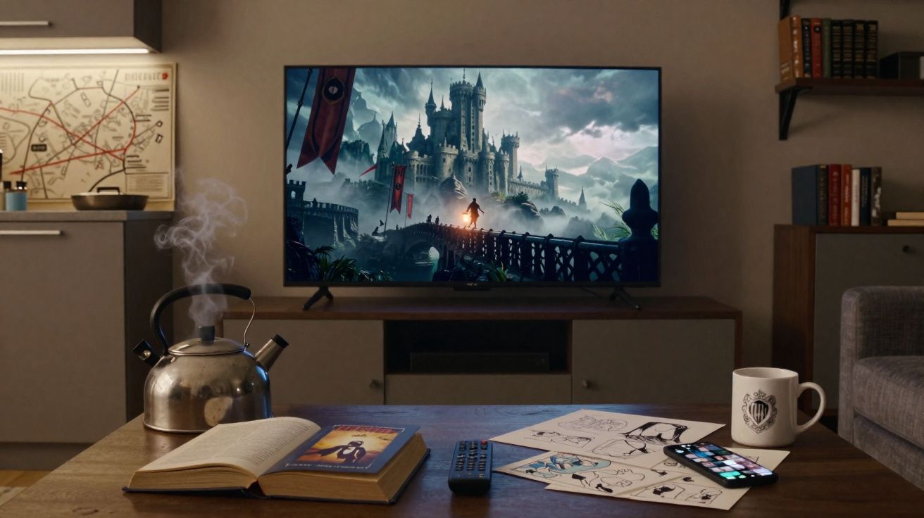 Sala com tevê ligada mostrando castelo, livro aberto, chaleira fumegante, desenhos e caneca sobre mesa de madeira.