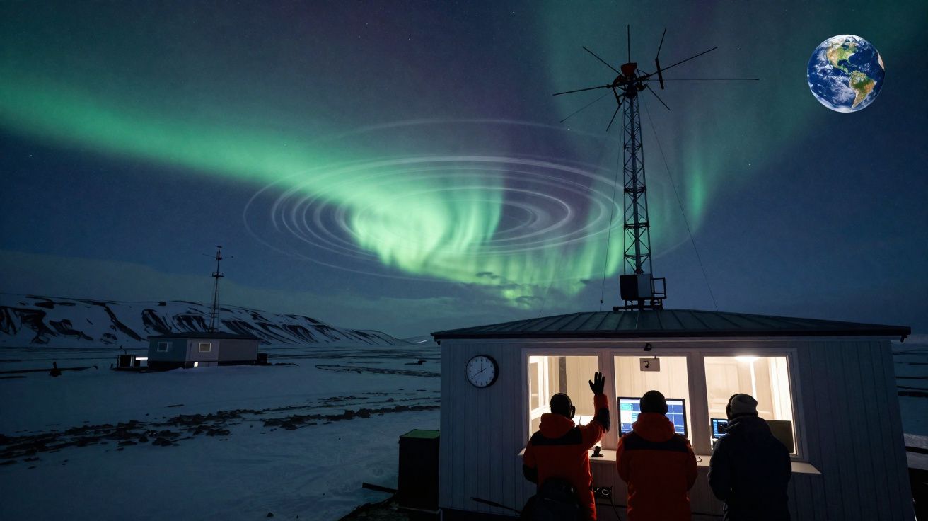 Aurora boreal verde no céu noturno com estação de observação e três pessoas em região nevada.