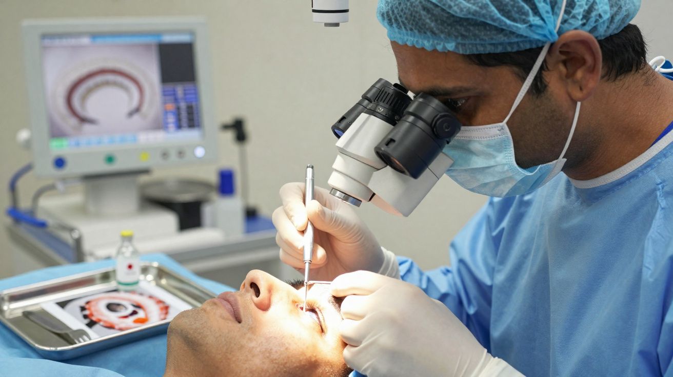 Paciente realizando cirurgia oftalmológica com médico usando microscópio cirúrgico e máscara.