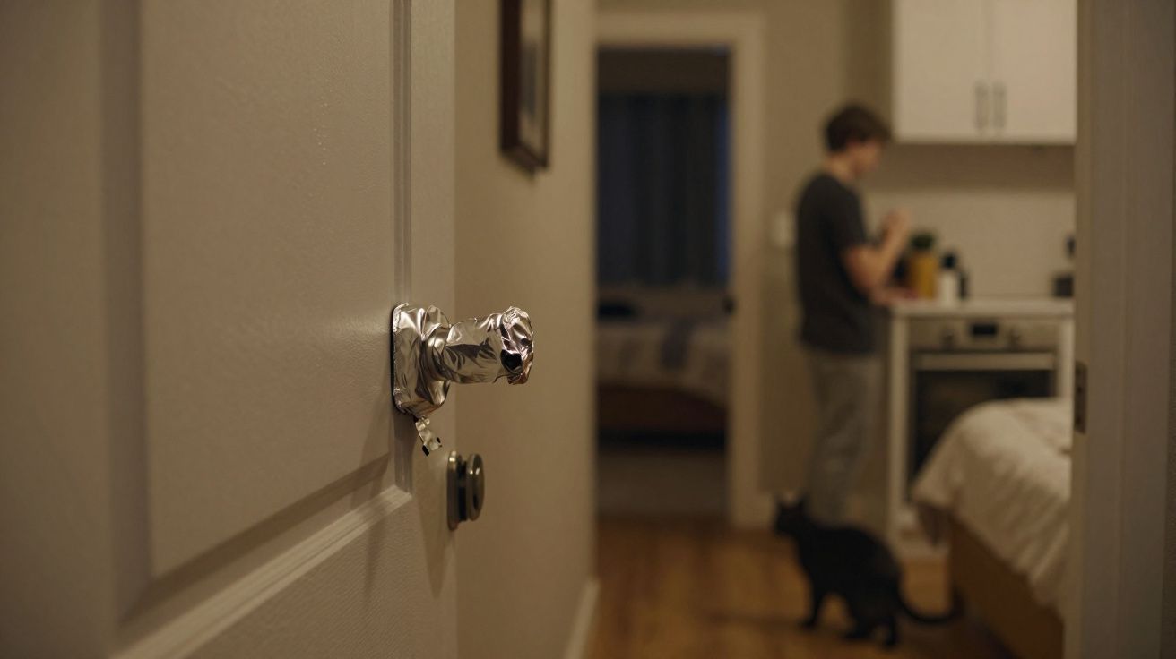 Fechadura de porta com fita adesiva em foco e pessoa com gato desfocados em ambiente doméstico.