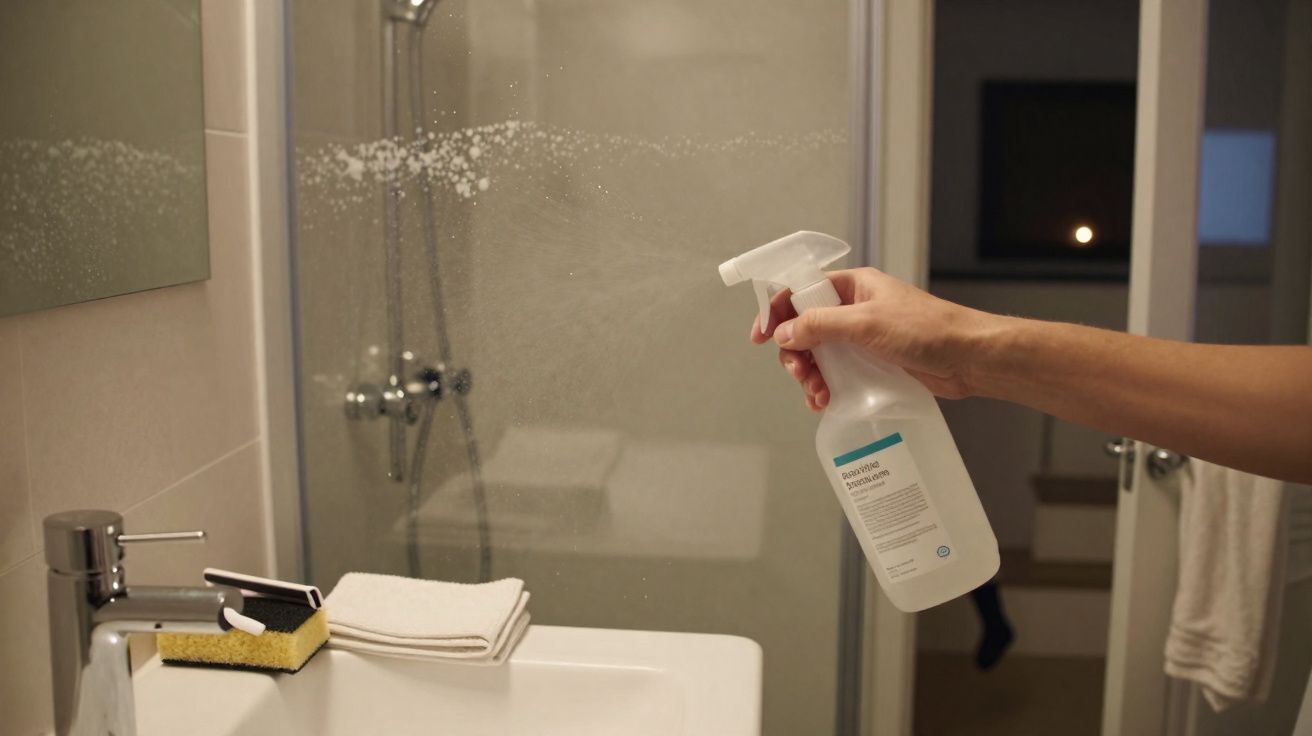 Pessoa borrifando produto de limpeza no vidro do box do banheiro.