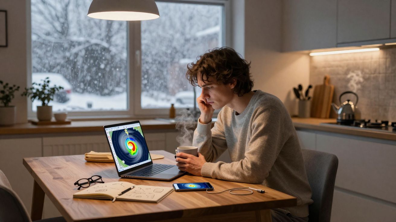 Jovem sentado à mesa com laptop, celular, caderno, óculos e café quente em ambiente com janela e neve do lado de fora.