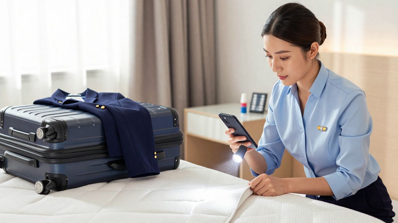 Mulher de uniforme inspecionando colchão com lanterna em quarto de hotel com mala e roupa.