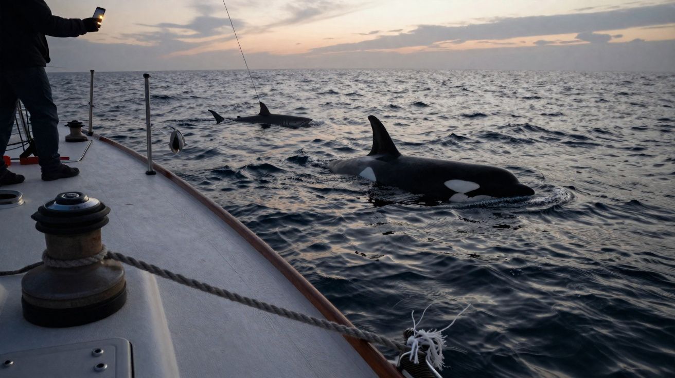 Baleias orcas nadando próximas a um barco ao pôr do sol com pessoa tirando foto com celular.