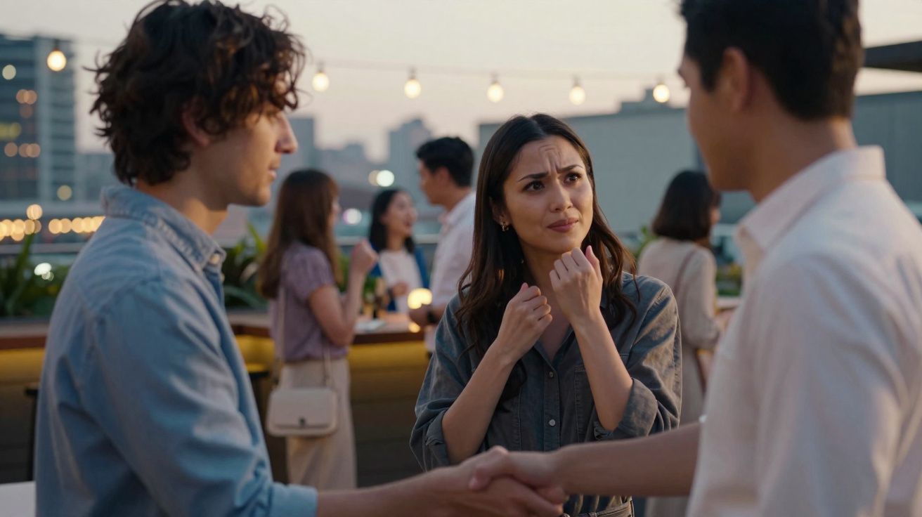 Jovem mulher observa desconfiada dois homens apertando as mãos em festa ao ar livre ao entardecer.