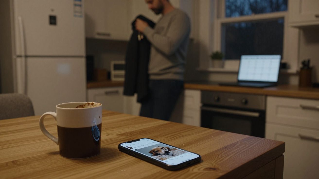 Mesa de cozinha com caneca, celular exibindo foto de cachorro, e homem desfocado ao fundo.