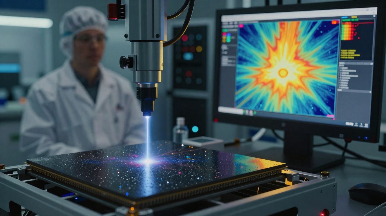 Técnico operando máquina a laser em laboratório com monitor ao fundo exibindo gráfico colorido.