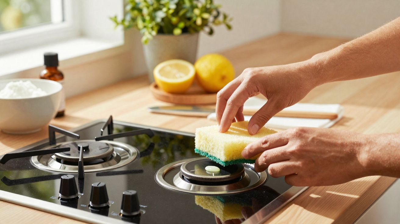 Mãos limpando o fogão a gás com esponja amarela em cozinha com limões e planta ao fundo.