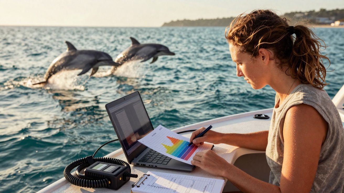 Mulher analisa gráfico colorido em barco, com laptop e dois golfinhos saltando no mar ao fundo.