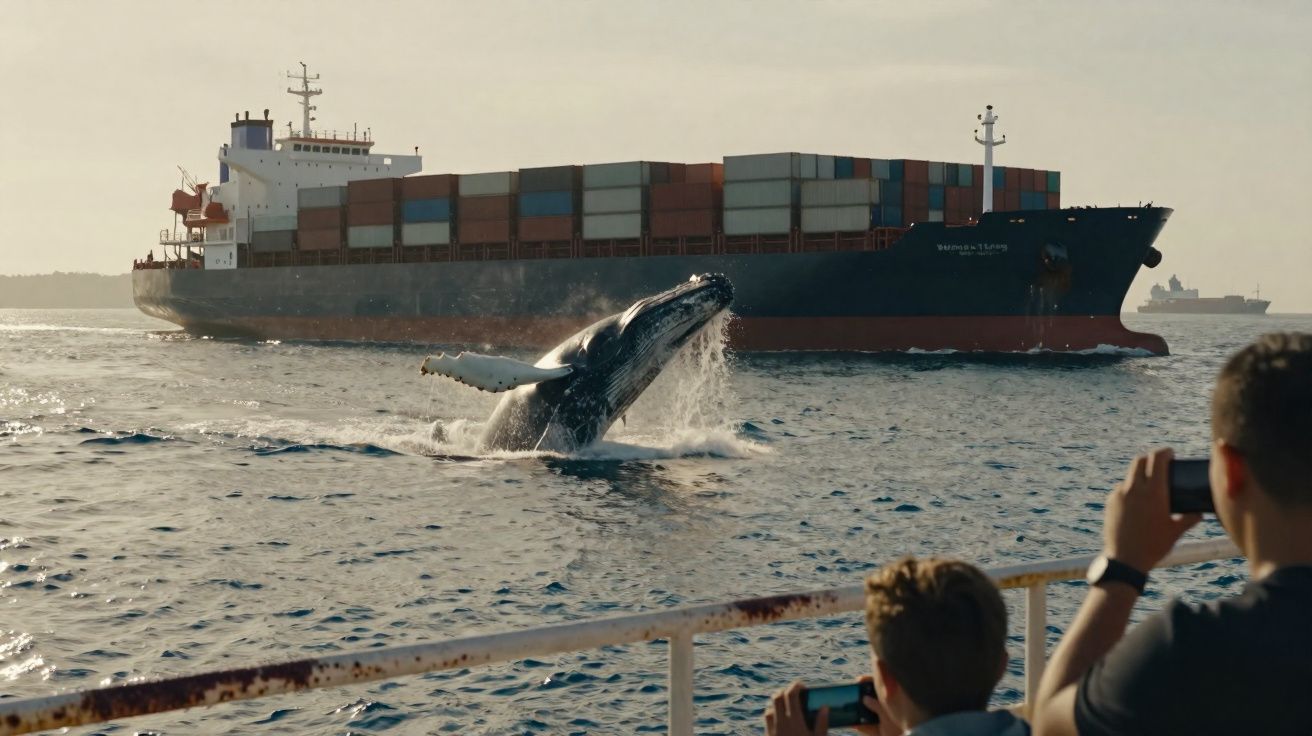 Baleia saltando perto de navio cargueiro, enquanto turistas fotografam na embarcação.