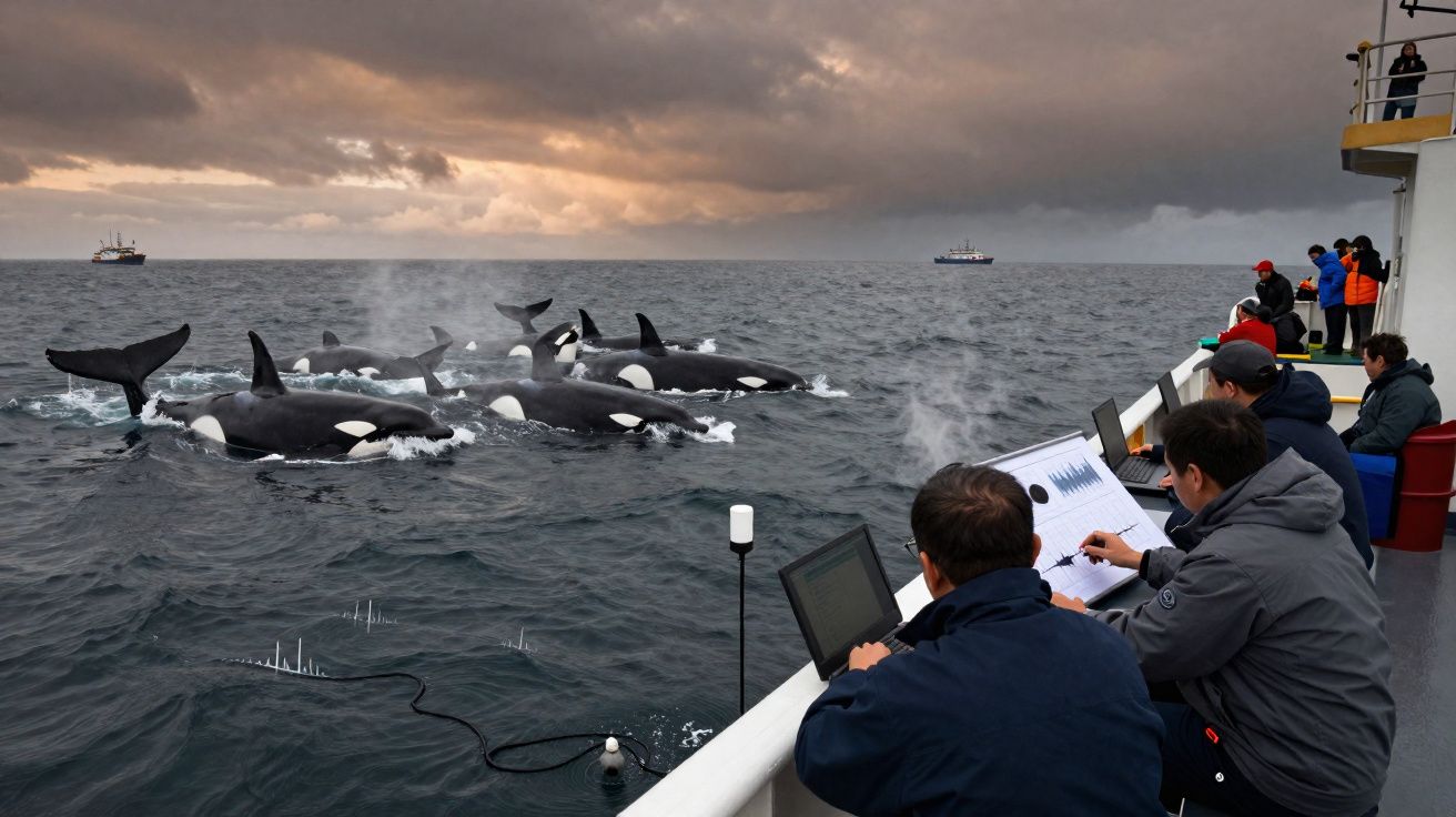 Scientistas em barco observam grupo de orcas nadando no mar sob céu nublado ao entardecer.