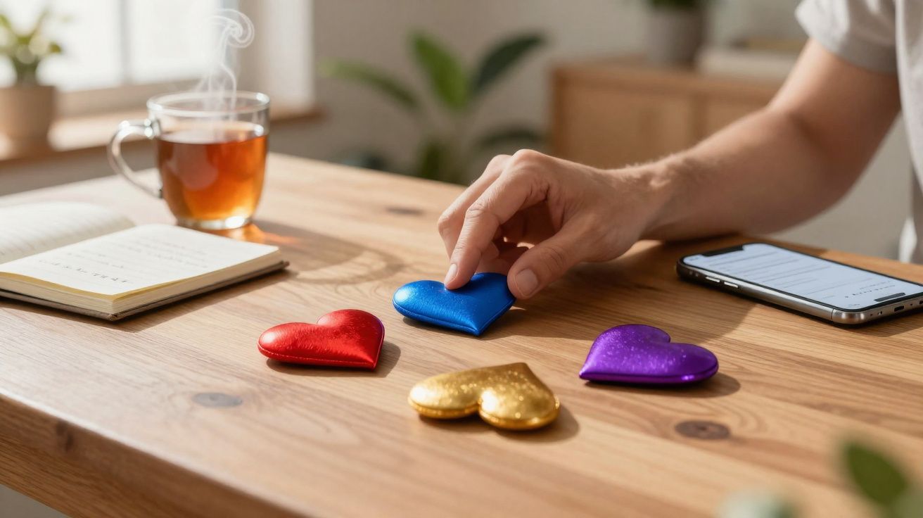 Mão masculina tocando coração azul sobre mesa de madeira com quatro corações coloridos, celular, chá e caderno.