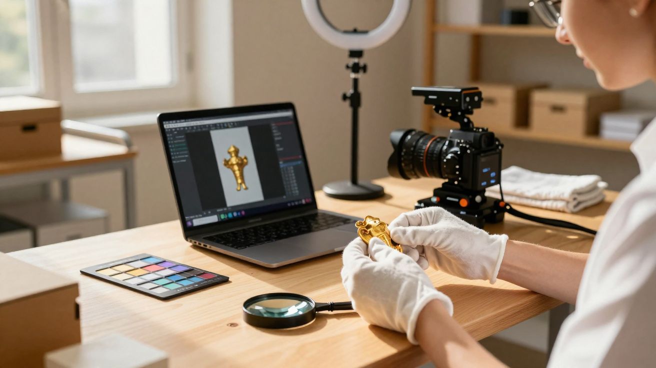 Pessoa analisando objeto dourado com luvas, laptop, câmera e lupa sobre mesa clara em ambiente iluminado.