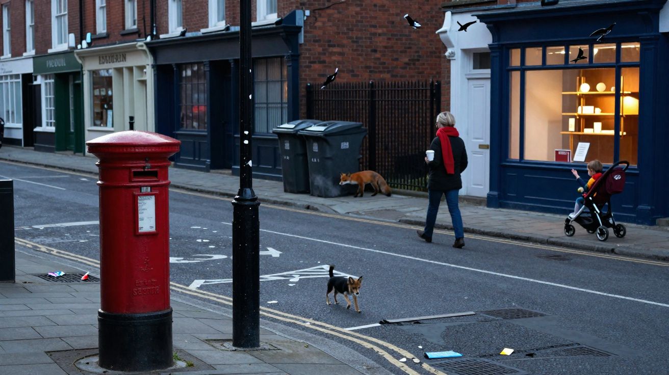 Rua urbana com caixas de correio vermelhas, pessoas caminhando, um carrinho de bebê e cães na calçada.