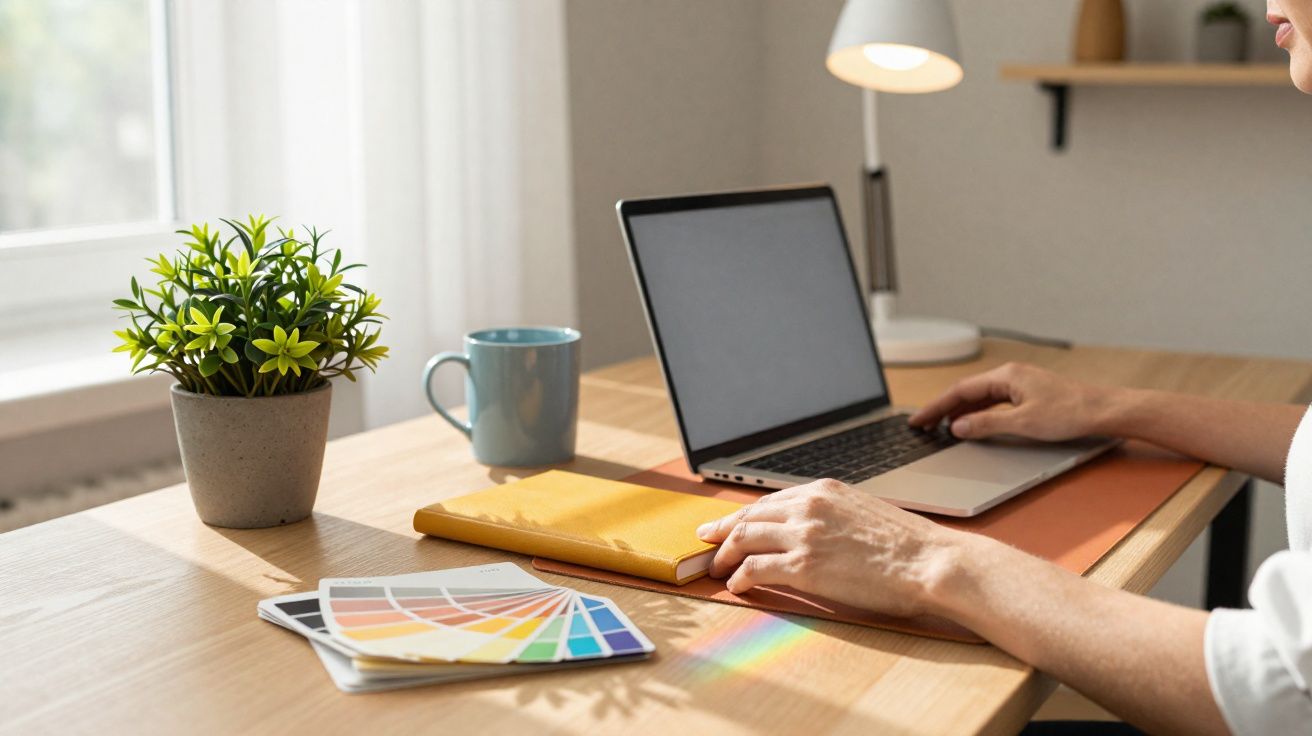 Pessoa trabalhando em laptop numa mesa com caderno amarelo, paleta de cores, caneca azul e vaso de planta.