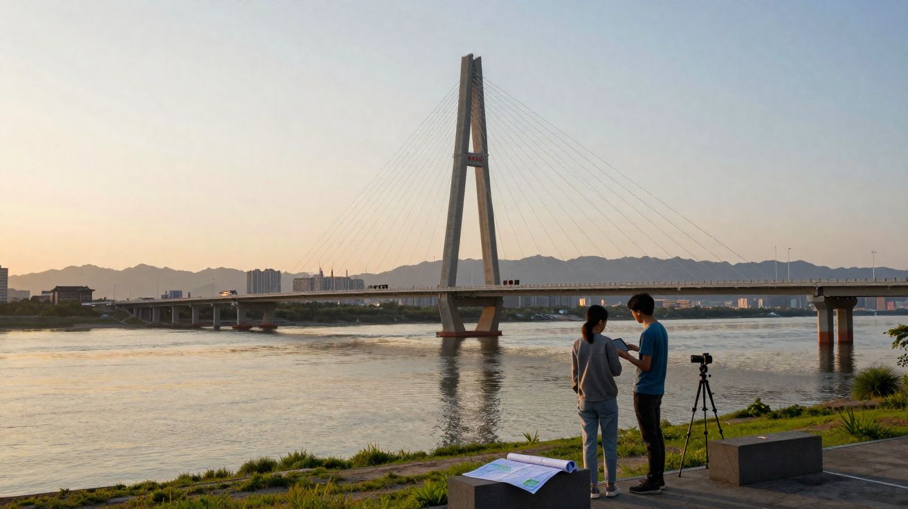 Ponte estaiada sobre rio ao entardecer, com duas pessoas e câmera em tripé na margem.