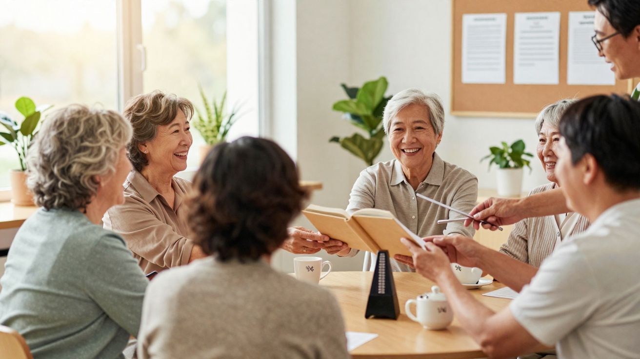 Grupo de idosos sorrindo e compartilhando livros durante atividade em sala iluminada.
