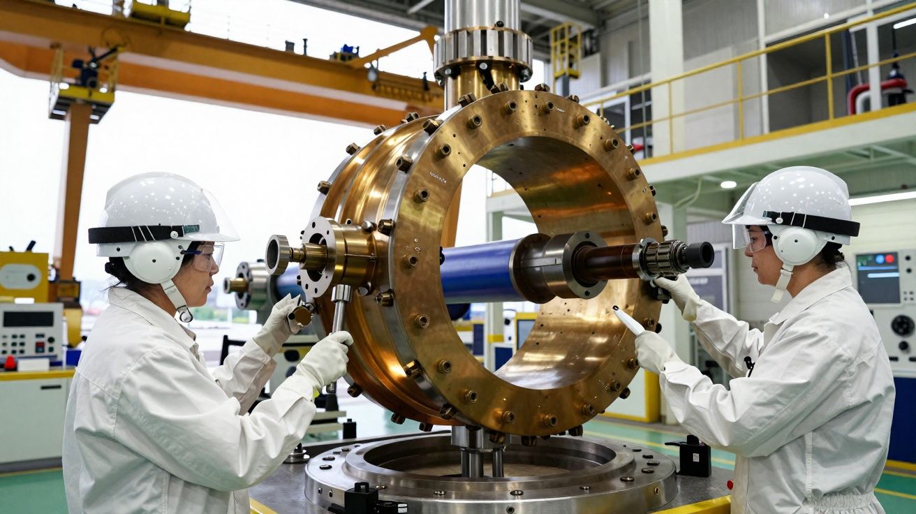 Dois engenheiros em uniformes brancos e capacetes ajustam máquina industrial grande em ambiente de fábrica.