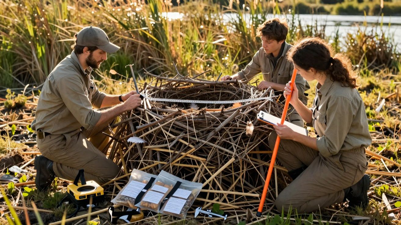 Três pesquisadores constroem e analisam uma estrutura de galhos e palha próxima a um lago.