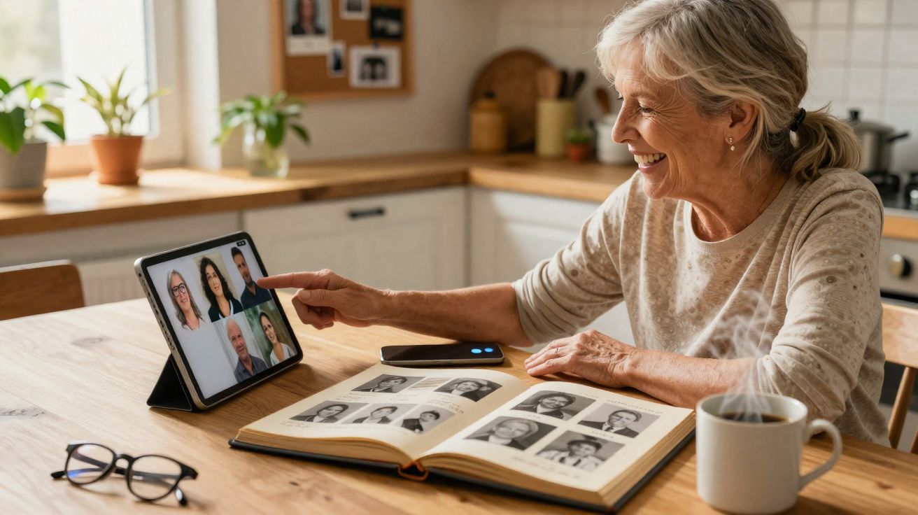 Mulher idosa sorrindo durante chamada de vídeo enquanto olha álbum de fotos antigas na cozinha.