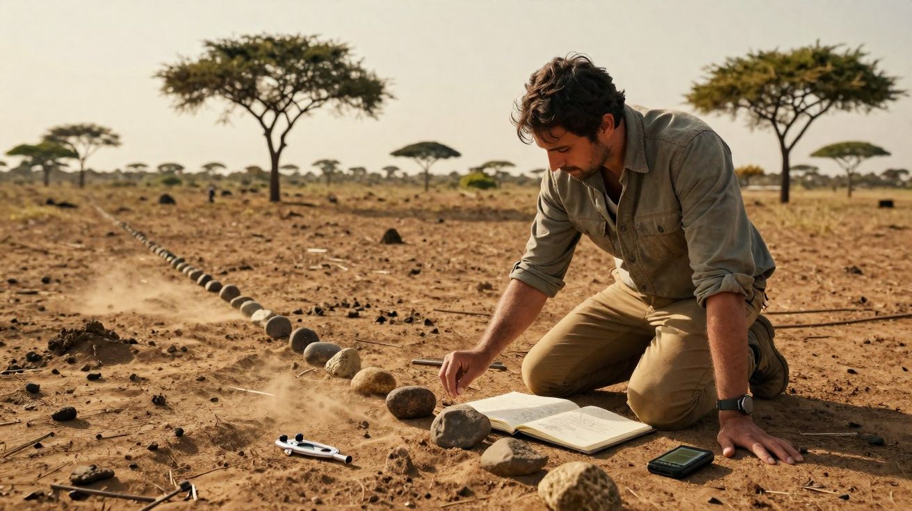 Homem ajoelhado no deserto estudando pedras alinhadas e anotando dados em livro e celular ao lado.