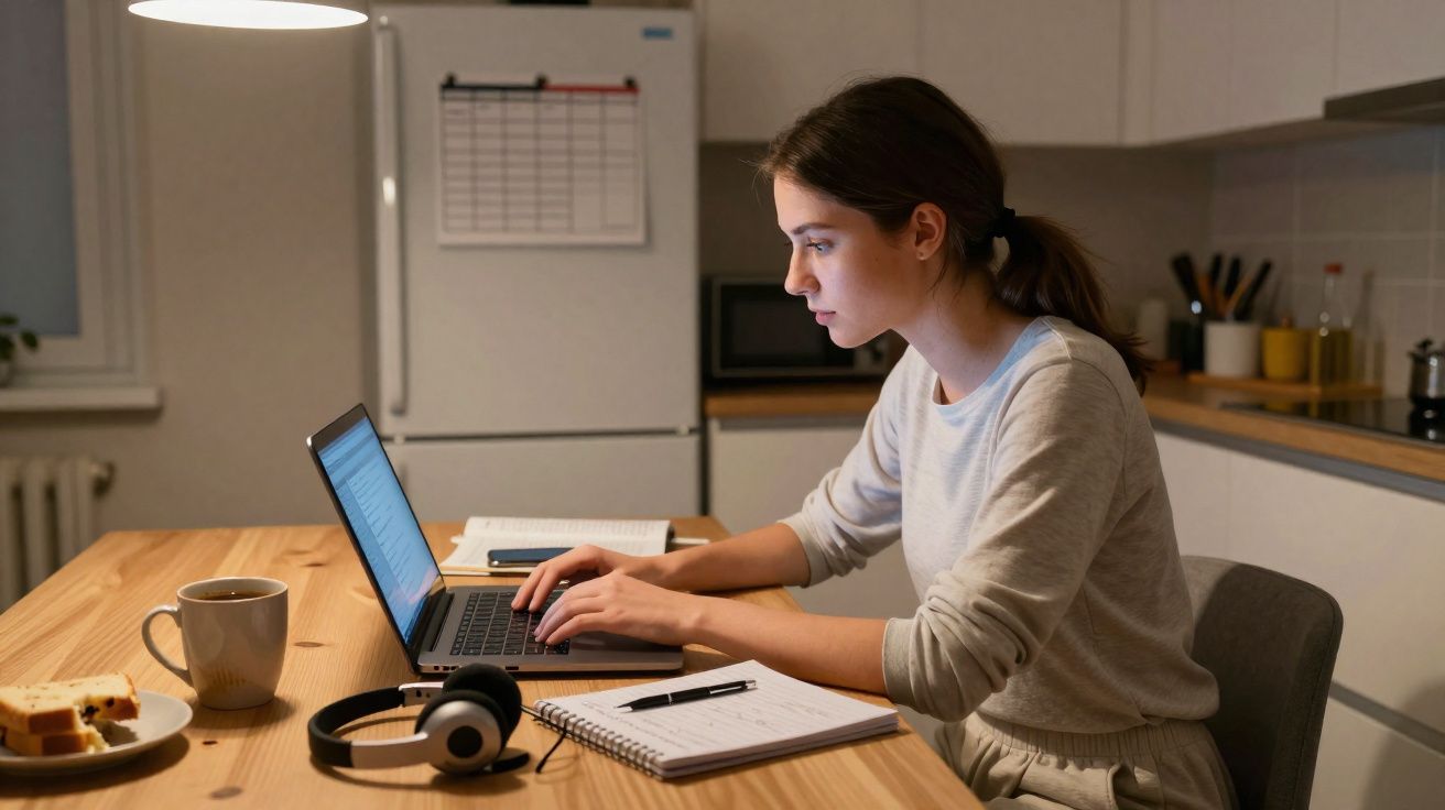 Mulher jovem concentrada trabalhando no laptop à mesa com caderno, fones, café e lanche em ambiente de cozinha.