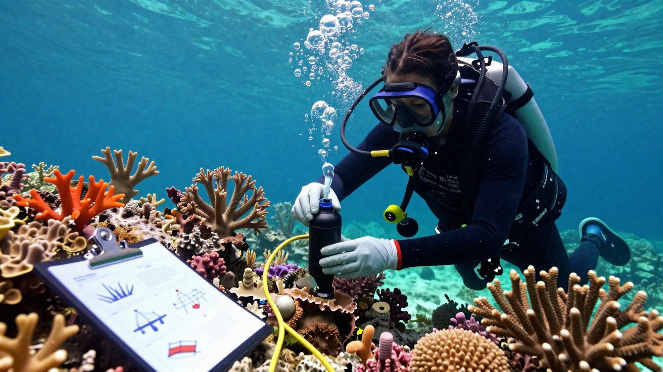 Mergulhadora coletando amostras em recife de coral colorido com prancheta de dados submersa ao lado.