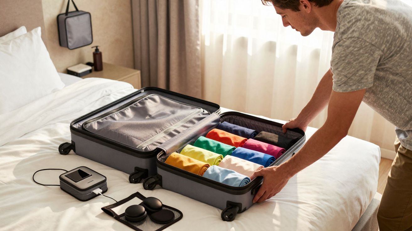 Homem organizando roupas coloridas em mala aberta sobre cama em quarto bem iluminado.