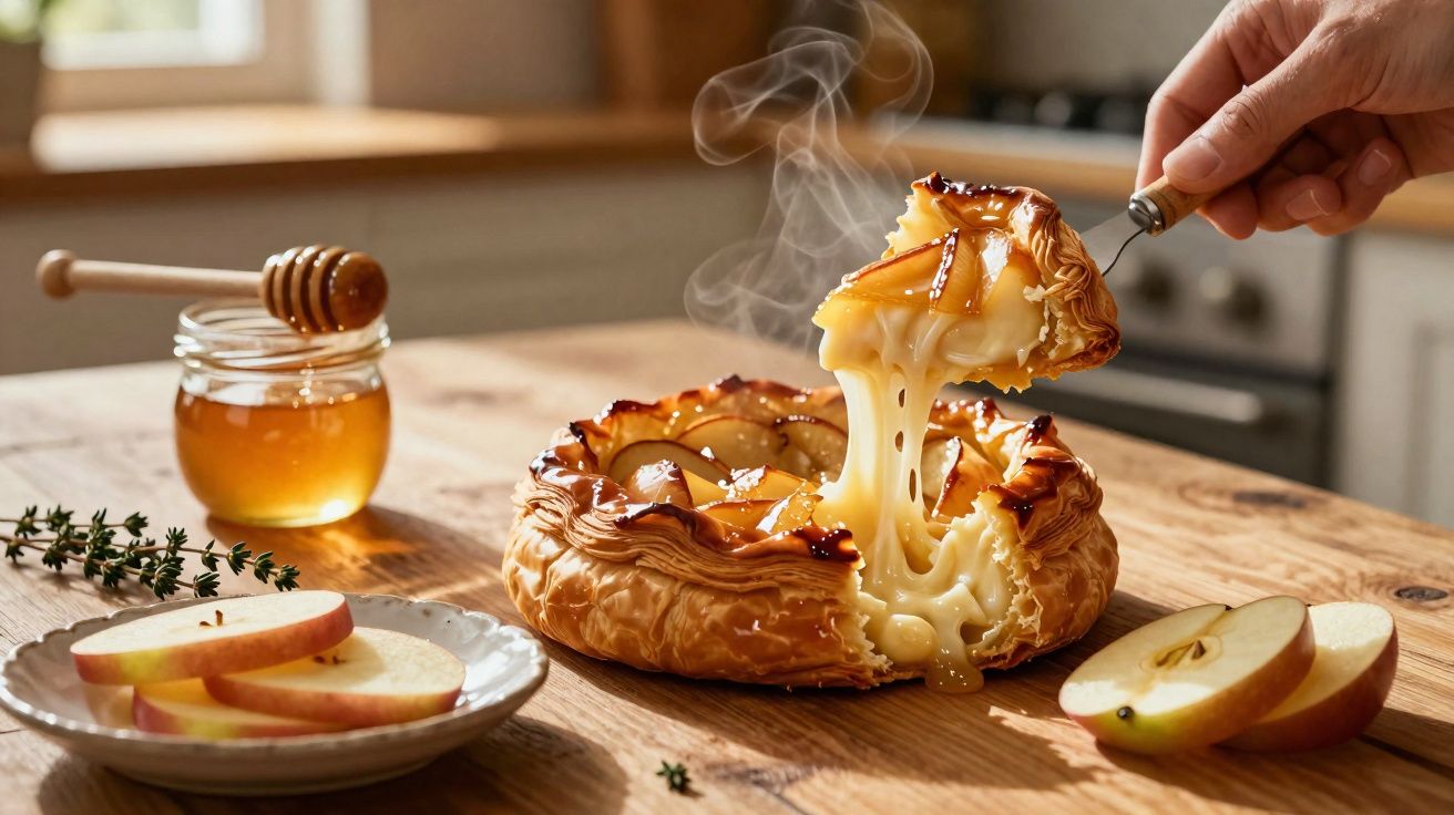Torta quente de queijo derretido com maçã fatiada e mel em pote no fundo, em mesa de madeira.