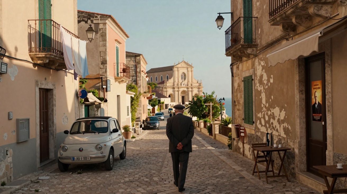 Homem caminhando em rua de pedra entre casas antigas com carro estacionado e igreja ao fundo.