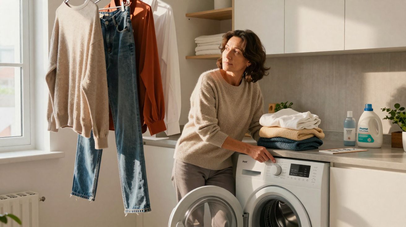 Mulher ajusta máquina de lavar roupa em lavanderia iluminada, com roupas penduradas e dobradas.