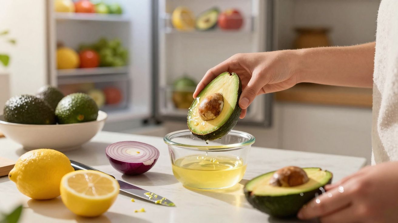 Mãos seguram abacate cortado ao meio sobre tigela com líquido, em bancada com frutas e cebola roxa na cozinha.