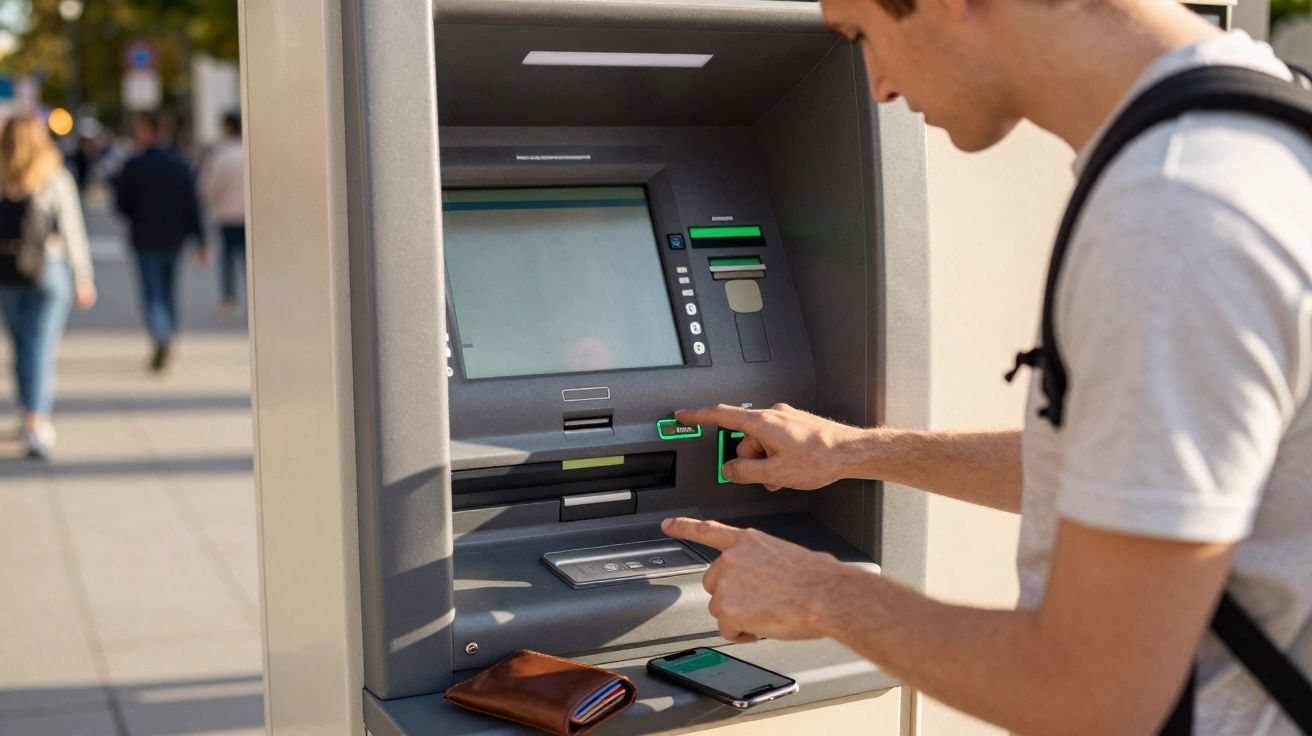 Homem usando caixa eletrônico ao ar livre com carteira e celular ao lado no caixa.