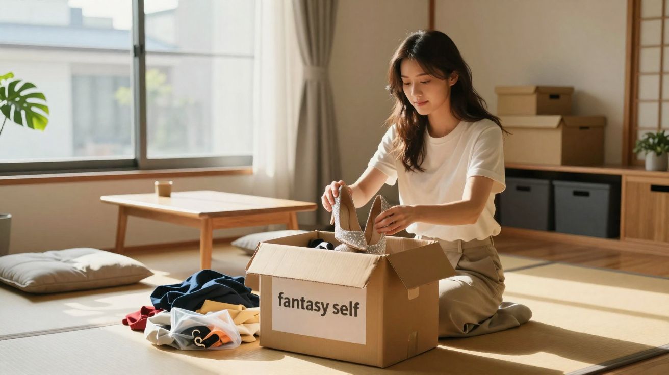 Mulher jovem desempacotando sapatos brilhantes de caixa em sala iluminada e organizada.
