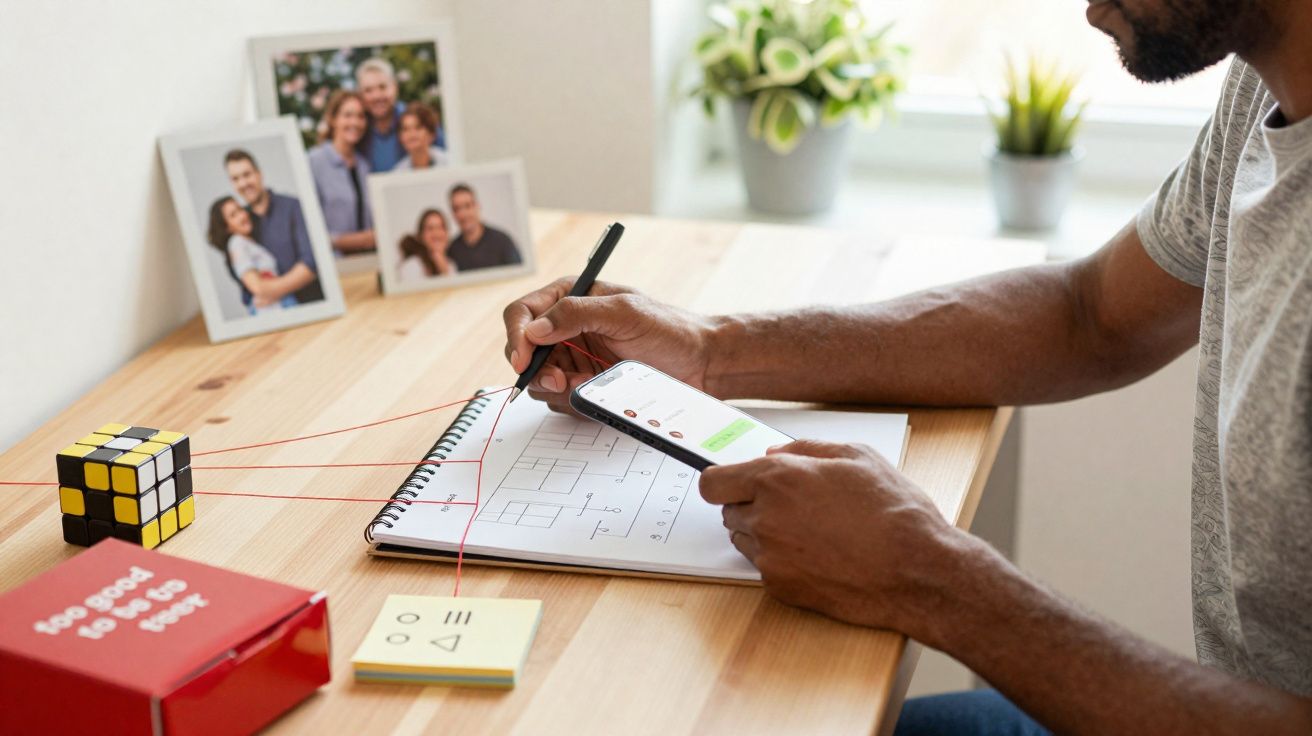Pessoa usando celular e fazendo anotações em caderno com fotos de família na mesa de madeira.