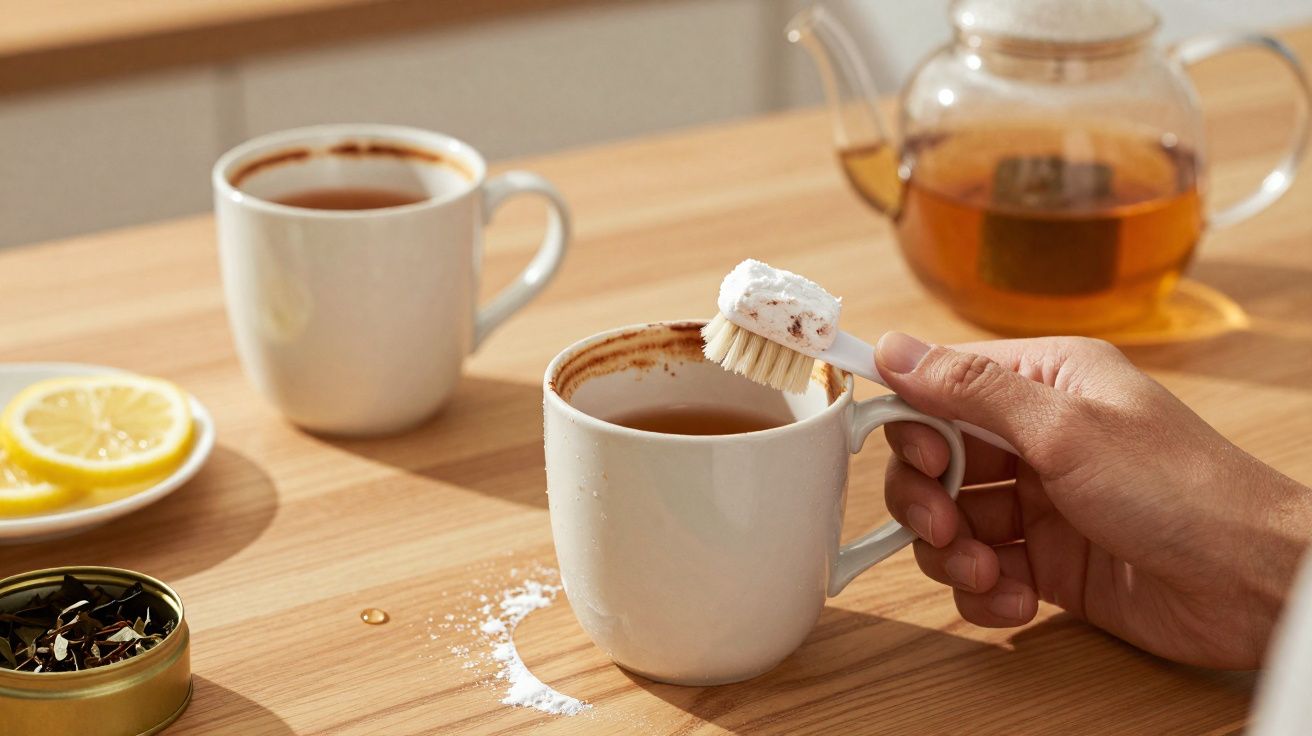 Mão segurando escova com pó branco próxima a xícara de chá ao lado de outra xícara, duas fatias de limão e pote de chá.