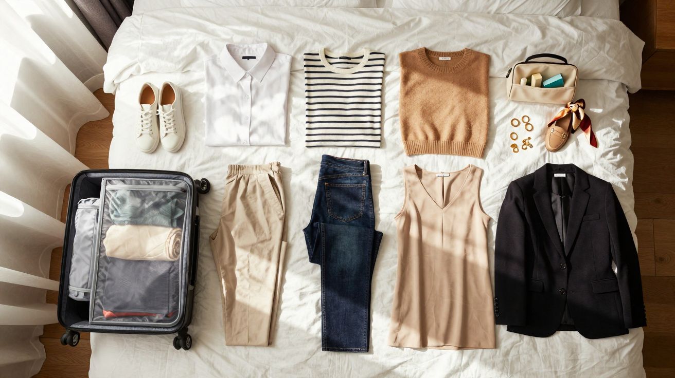 Roupas e acessórios masculinos organizados sobre uma cama ao lado de uma mala de viagem aberta.