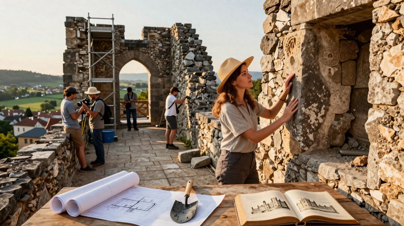 Mulher com chapéu examina inscrições em parede de pedra, enquanto grupo trabalha em restauração de ruínas históricas.