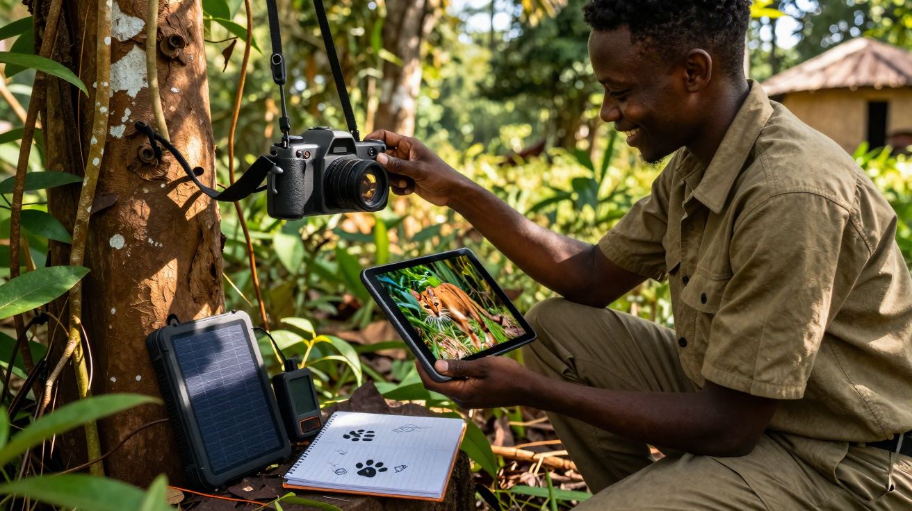 Homem analisa foto de onça em tablet, ao lado de câmera, painel solar e caderno com pegadas na floresta.