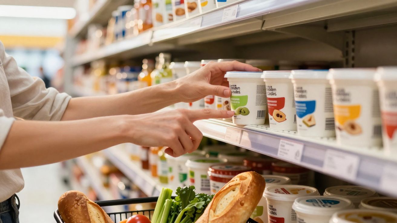 Pessoa escolhendo iogurte na prateleira de supermercado com cesta contendo pão, tomate e verduras.