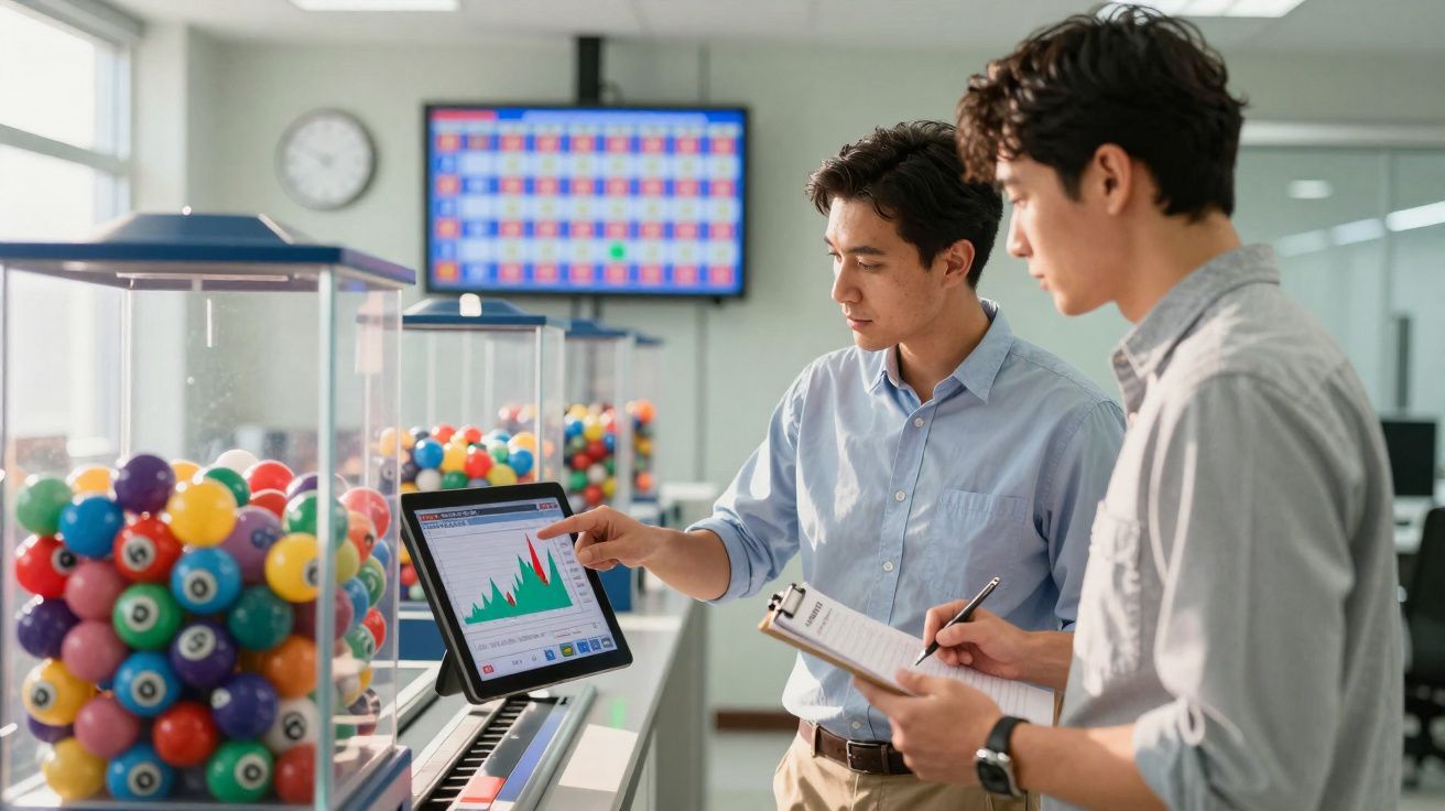 Dois homens analisando dados em tablet, com máquinas de bolinhas coloridas ao fundo.