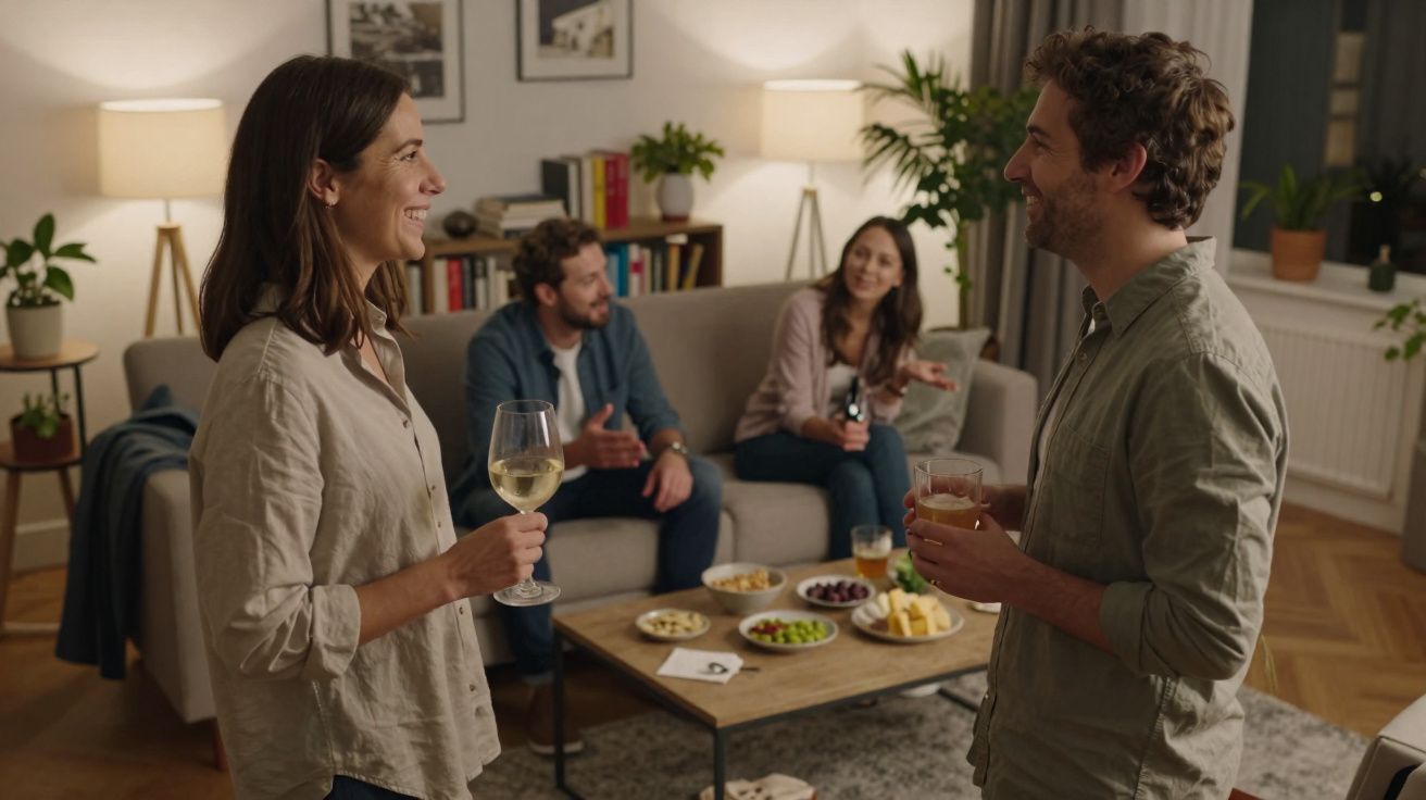 Quatro amigos conversando e bebendo em sala de estar com petiscos sobre mesa de centro.