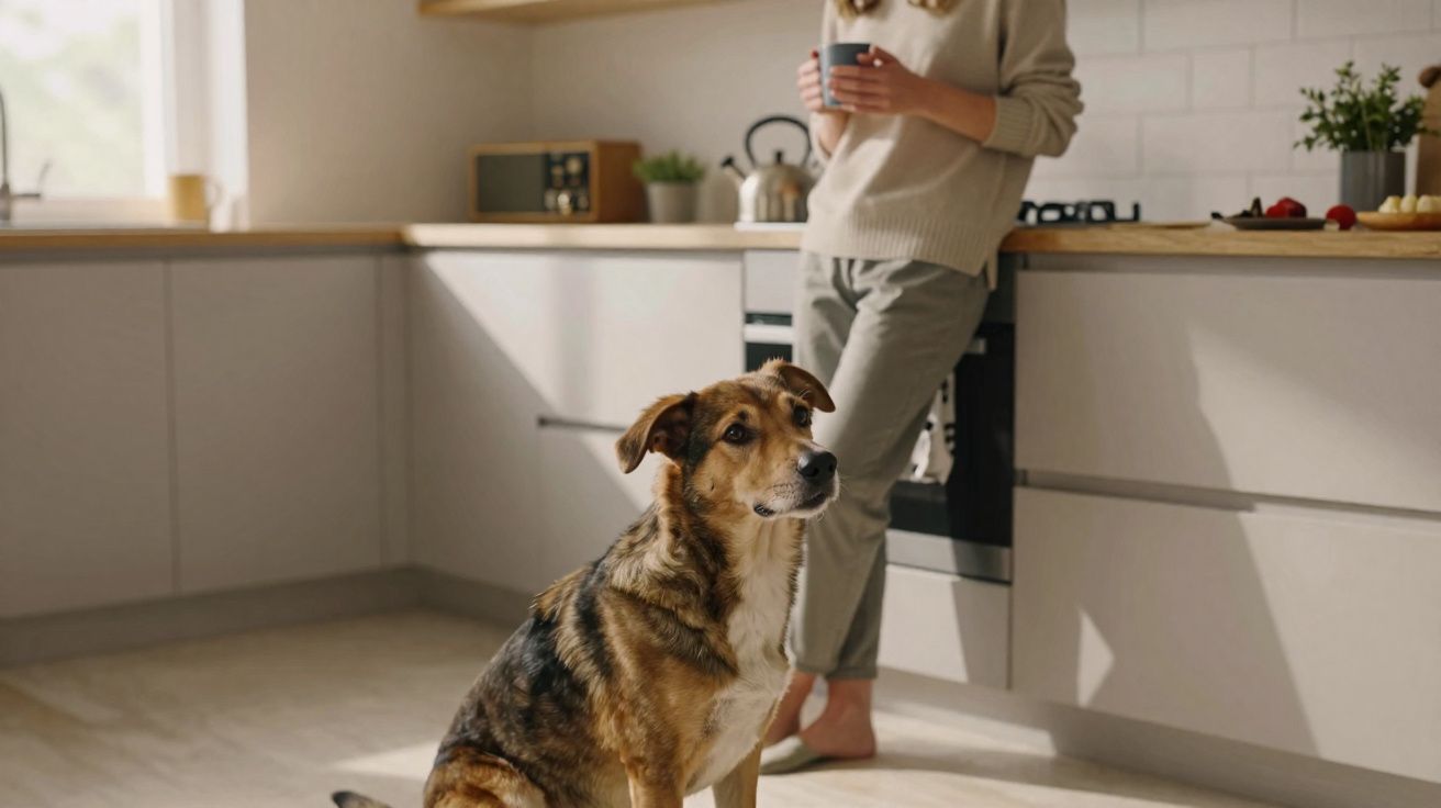 Cachorro sentado no chão da cozinha enquanto pessoa encostada na bancada segura uma xícara.