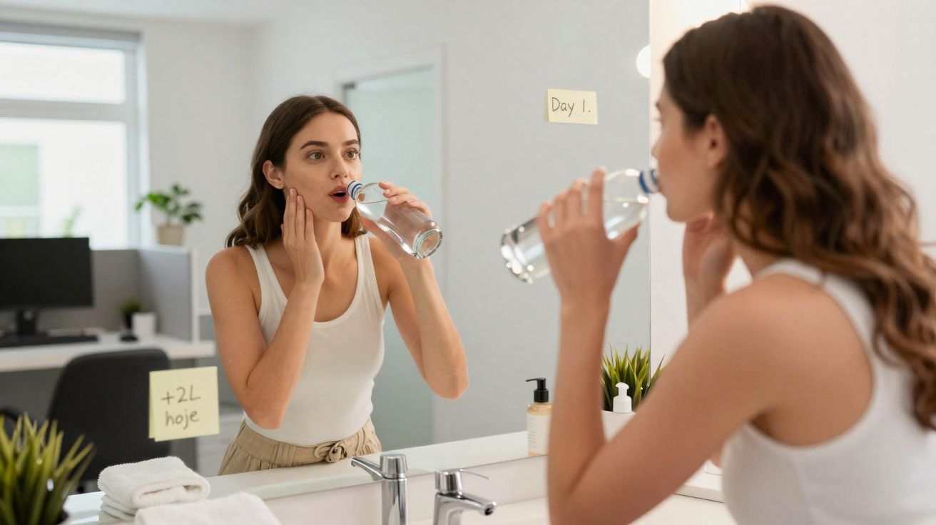 Mulher bebendo água na frente do espelho no banheiro com lembretes de metas de hidratação colados.