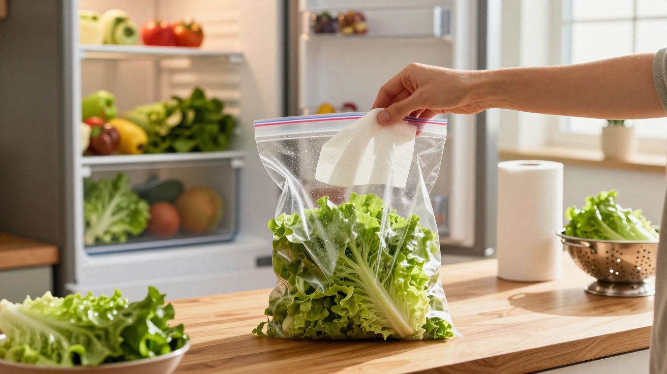 Mão colocando papel toalha em saco plástico com alface para armazenamento na cozinha.
