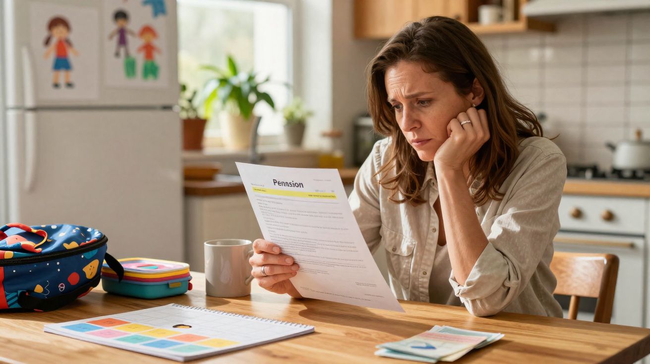 Mulher preocupada analisando documento sobre pensão sentada à mesa da cozinha.