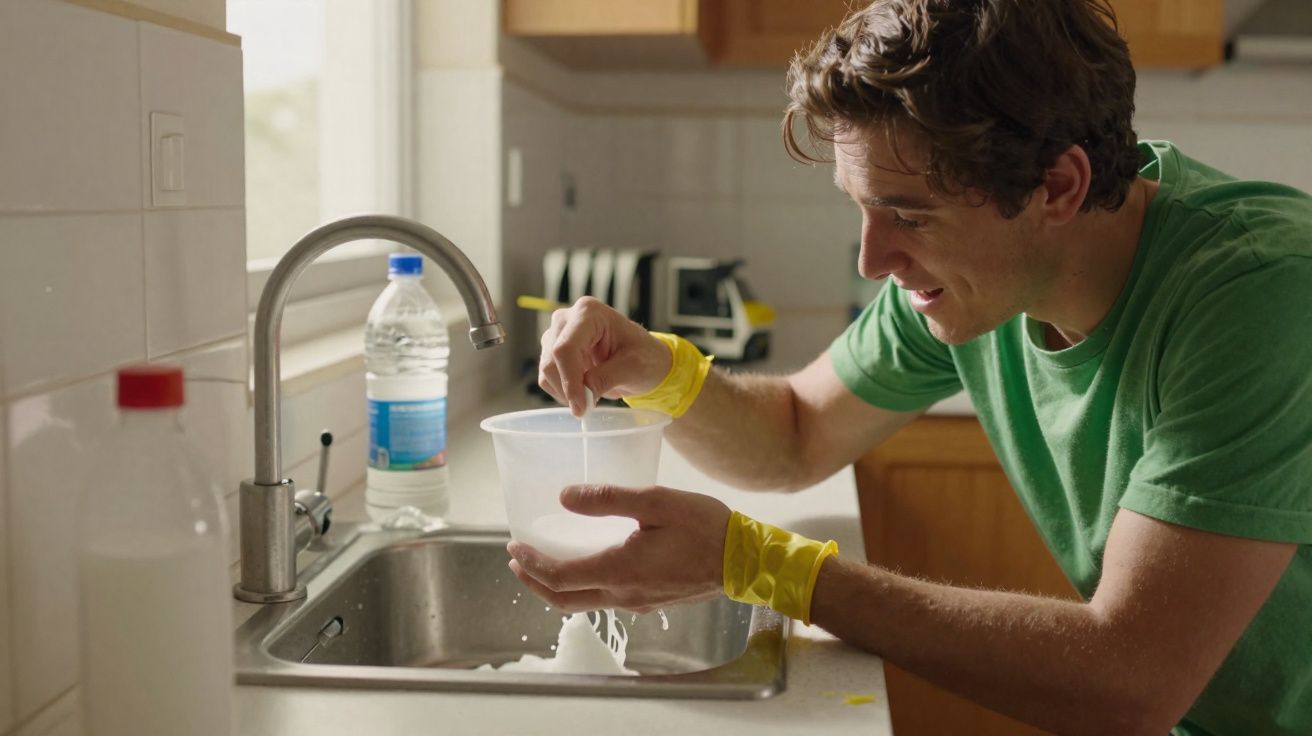 Homem com luvas amarelas mexendo uma solução em recipiente transparente na pia da cozinha.