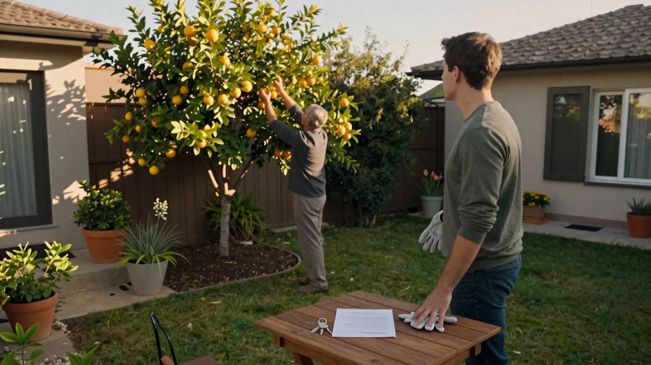 Homem mais velho colhendo frutas de árvore enquanto jovem observa em quintal residencial.