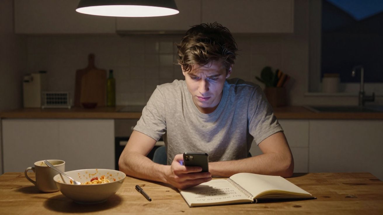 Jovem sentado à mesa da cozinha à noite, olhando para o celular com caderno aberto e comida ao lado.