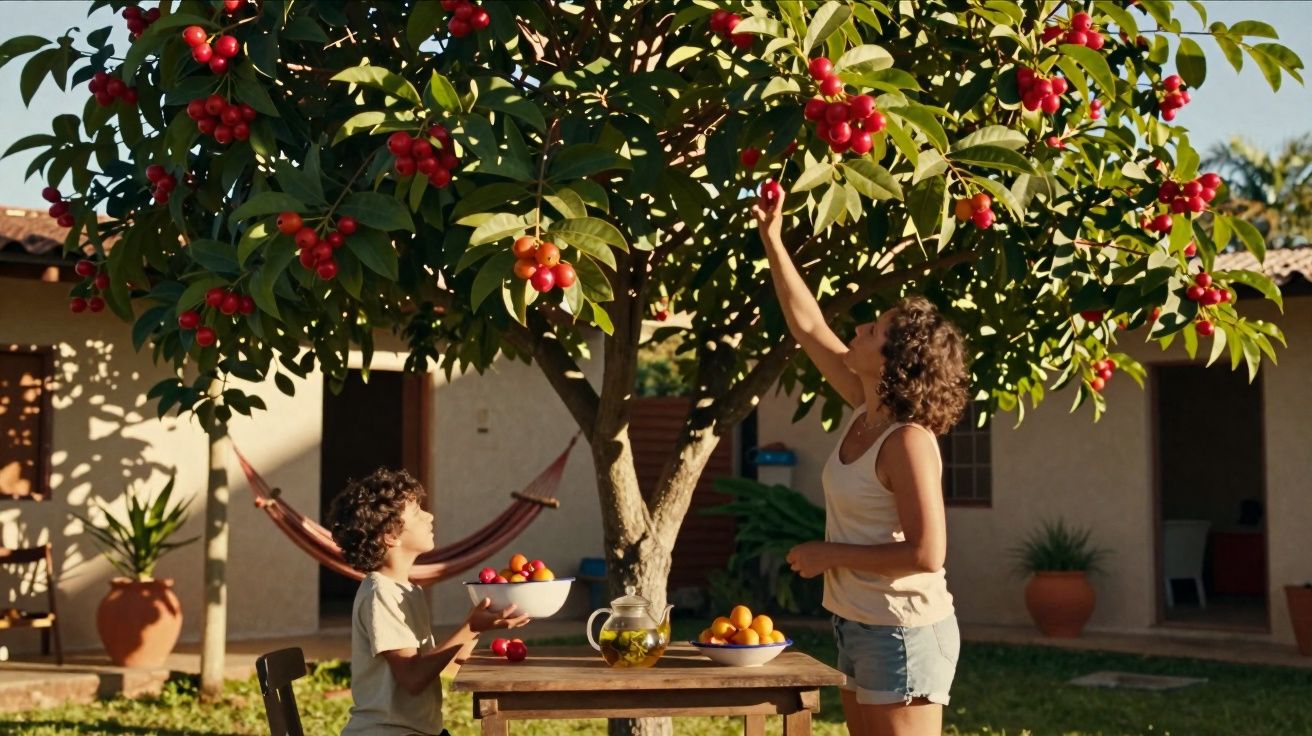 Mulher e criança colhendo frutas vermelhas em árvore no quintal de casa ensolarado.